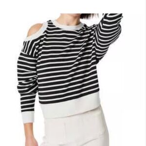 SPANX AIR ESSENTIALS Black and White Striped Cold Shoulder Top